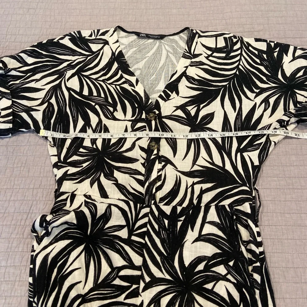 ZARA Black & Cream Palm Print Linen Jumpsuit | Size Small